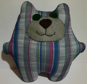 Handarbeit Stofftier Happy Bear Kissen gestreift Stoff schwarz bestickt Gesicht - Bild 1 von 7