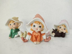 Homco Ceramic Bisque Pixie Elf's Figurines Set Of 3 Vintage - Picture 1 of 11