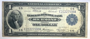 1918 $1 NATIONAL CURRENCY NOTE FEDERAL RESERVE BANK OF RICHMOND E21227998A - Picture 1 of 2