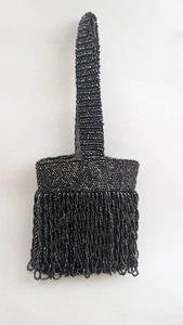 Vintage black Beaded Fringe Flapper Purse Evening Bag - Picture 1 of 3