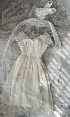 Vestido de novia vintage 1957 conjunto de 3 piezas en seda marfil talla M vestido/mitones/velo bufanda Foto 1 de 4