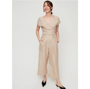 Bohme Jumpsuit Damen XS Leinen beige weites Bein atmungsaktiv Wickeloptik Kreuz Bindeausschnitt - Bild 1 von 11