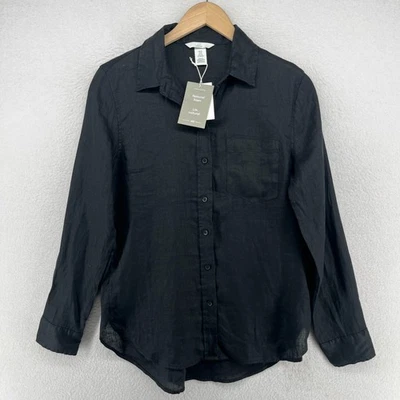 H&M Shirt Womens XS Natural Linen Premium Collection Button Up Woven Black NEW - Image 1 of 4