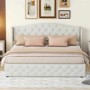 Polsterbett 180x200cm Leinen Stoff Bettgestell mit Stauraum und Lattenrost Beige - Bild 1 von 11