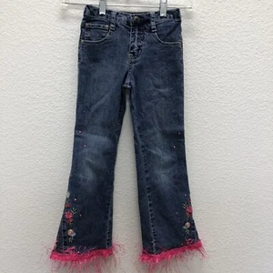 Arizona Girls 6 Jeans Slim Stretch Waistband Embroidered Floral Fringe Upcycled - Picture 1 of 6
