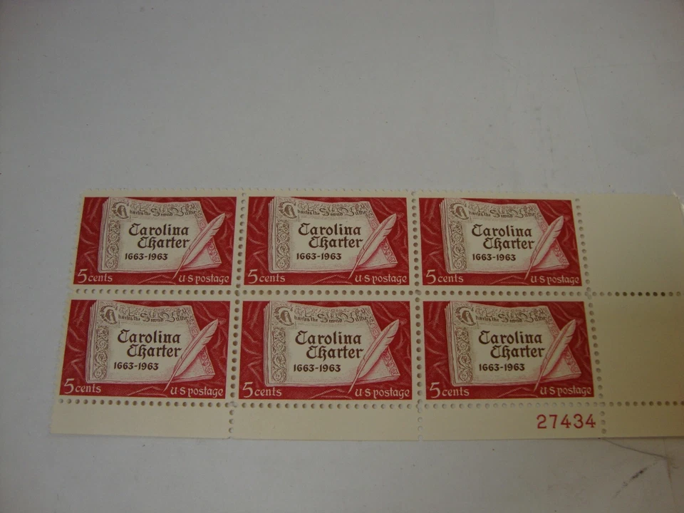 US Scott #1230 "CAROLINA CHARTER" sheet 6 stamps-5 cent face  1963 MINT - Image 1 of 1