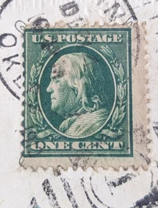 Benjamin Franklin 1 Cent Stamp 1908-1910s on Vintage Christmas Card - Picture 1 of 2