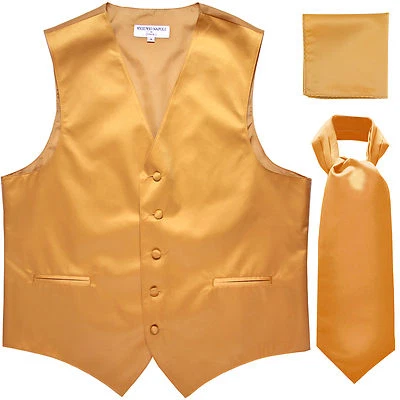 New Men's gold vest Tuxedo Waistcoat self tied ascot hankie set wedding prom - Image 1 of 4