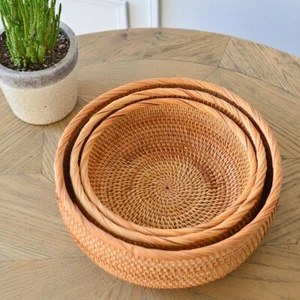 Set of 3 Round Rattan Baskets Woven Storage Bowls for Serving Fresh Fruit Bread - Picture 1 of 7
