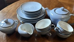 Juego de té japonés vintage olla, crema azúcar platillos tazas platos azul/plateado - Imagen 1 de 12