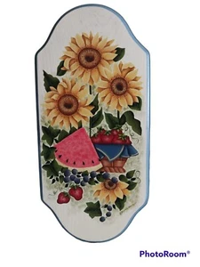 Folk Art Wooden Hand Painted Fruit Sunflowers Wall Plaque Signed Farmhouse 9x19 - Picture 1 of 5