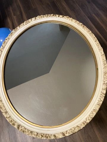 Vintage Oval Wall Mirror, Circa 1960's. Ornate Carved Wood & Gesso Framed Cover