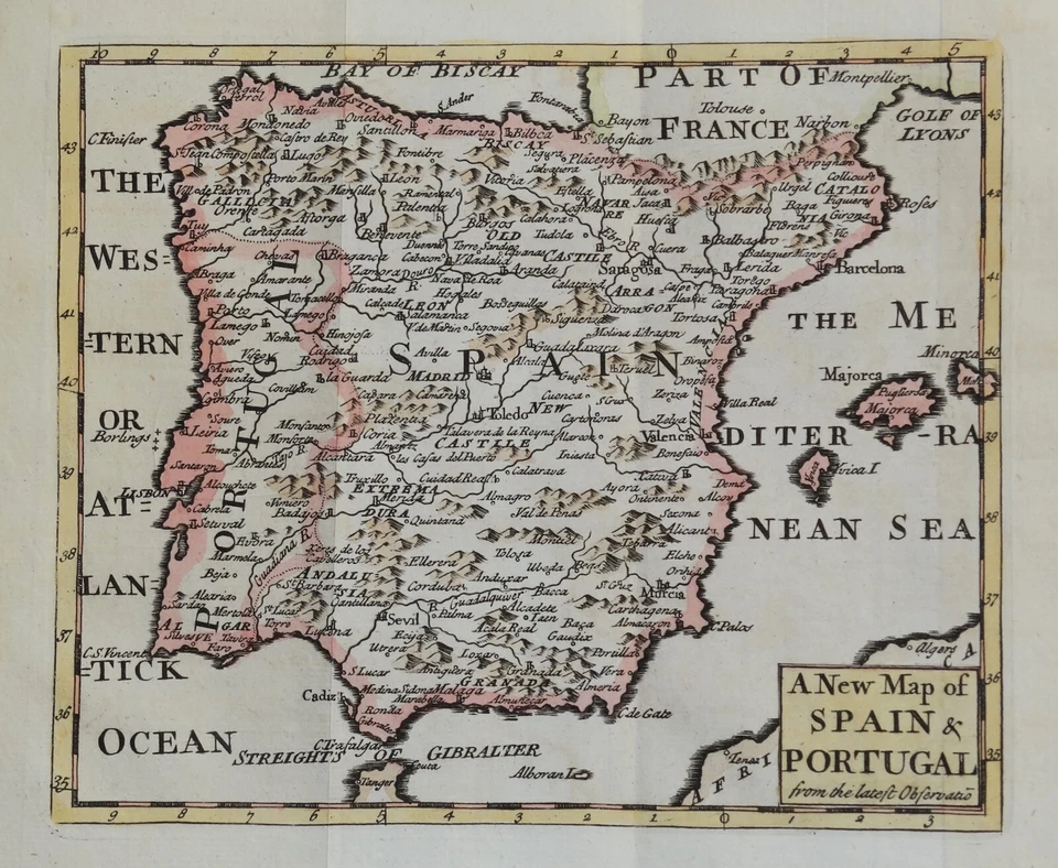 Mapa antigo ESPANHA E PORTUGAL, John Senex original gravura colorida à mão 1749 - Imagem 1 de 1