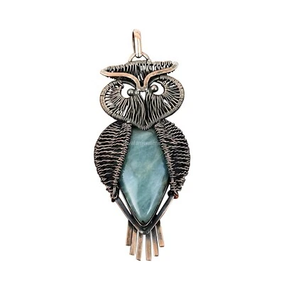 铜天然海蓝宝石丝包裹猫头鹰女儿波西米亚婚礼吊坠珠宝首饰 — 第 1/4 张图片