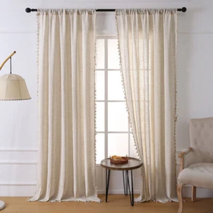 1/2x Panel Boho Natural Linen Textured Window Curtain Drapes w/ Tassels Bedroom - Picture 1 of 10