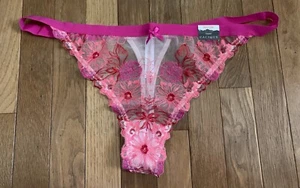 Plus Sz 14/16 Lane Bryant Cacique Thong Pink Magenta Lace Embroidered Panty Sexy - Picture 1 of 7