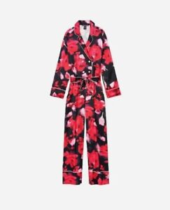 Victoria's Secret Luxe Satin One Piece Jumpsuit Romper Pant Pajama Red Roses~Med