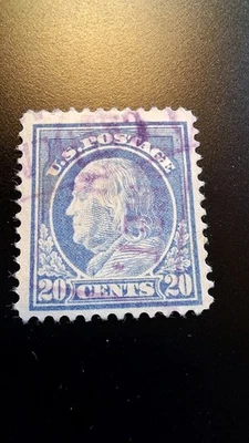 Estampillas de Estados Unidos Scott #419, U/F/NG, Franklin, Ultramarine, 20 centavos, 1914, P-12 Foto 1 de 2