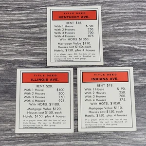 VTG Monopoly Property Deed Cards Kentucky Illinois & Indiana Ave Replacement Red - Picture 1 of 8