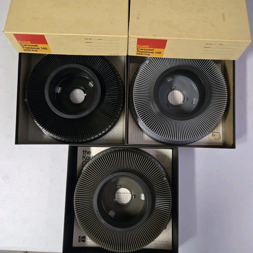 Lot of 3 Kodak Carousel 140 Slide Trays Transvue 35mm w/Boxes & 2 Index Cards - Image 1 of 4
