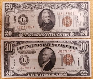 Series 1934 A - 2 Piece Of $10 & $20 Dollar Bill Hawaii Overprint For World II - Picture 1 of 2