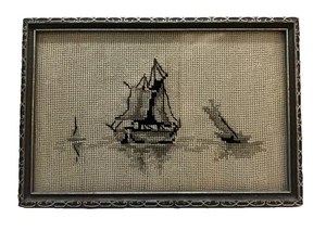 Maritimes Clipper Schiff 5,25 x 8 Zoll gerahmt Kreuzstich Nadelspitze Wandkunst Vintage LESEN - Bild 1 von 24