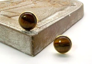 Natural Tiger's eye Gemstone With 925 Sterling Silver Gold Plated Cufflinks #890 - Picture 1 of 3