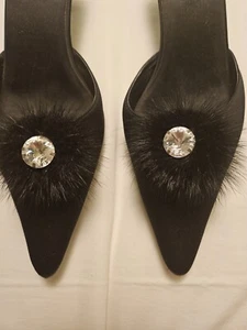 BLACK SATIN EVENING LORD AND TAYLOR KITTEN HEEL MULES WITH MINK BOW 9.5 - Picture 1 of 7