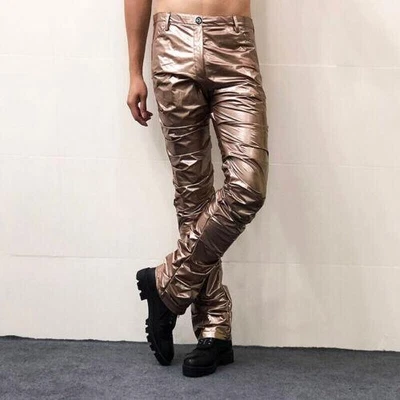 Pleated Trumpet Slim Leather Pants Elastic PU Trousers Singer Dancer Costume - Image 1 of 4