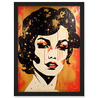 Female Portrait Retro Glam Rock Aesthetic Gold Red Teen Room Framed Art Print A4