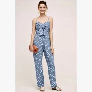Anthropologie WHIT TWO Knotted Dots Blue White Polka Dot Jumpsuit 4P 4 Petite - Picture 1 of 19