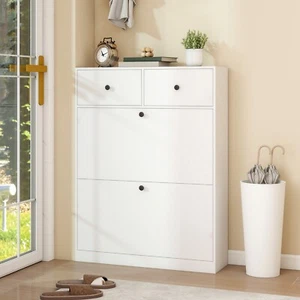 2 Slip Drawer Shoe Cabinet Large 4-Tier Wooden Shoe Storage Cupboard Organiser - Picture 1 of 10