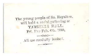 1880 Invito Young People's Social at Tarbell's Hall South Royalton, VT C7 - Foto 1 di 2