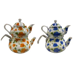 Caydanlik Türkischer Teekanne Set Teekessel Cay Demlik Matik Emaille-Porzellan - Bild 1 von 13