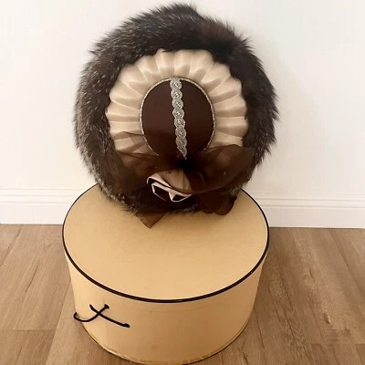 Luxury Vtg Brown Fox Fur Satin Rhinestone Wide Brim Formal Church Hat Party - Image 1 of 4