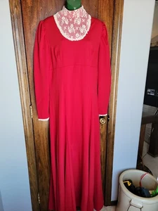 VINTAGE 70s Prom burgandy red Lace Long Bell Slv Handmade Prairie Maxi Dress XL - Picture 1 of 20