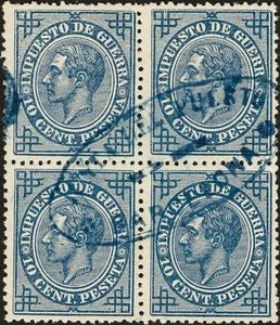 Cataluña. Filatelia. º USADO 184(4). 1876. 10 céntimos azul, bloque de cuatro. - Imagen 1 de 1