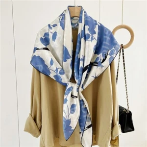 Mulberry Silk Wrap Shawl Bandanna Shawl Flowers Print Square Scarf 43" Blue - Picture 1 of 10
