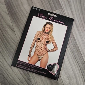 Leg Avenue Black High Neck Fishnet Bodysuit with Long Sleeves One Size - Picture 1 of 3