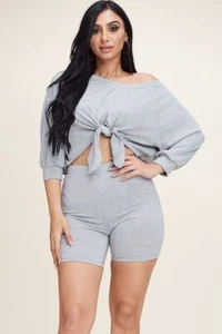 Solid French Terry Tie Front Top And Shorts Two Piece Set - Picture 1 of 1