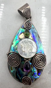 VTG SAJEN Pendant 925 Sterling Silver Abalone Shell Peridot Moonstone Gem 3" - Picture 1 of 3