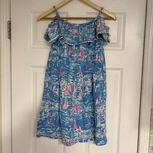 Abito Lilly Pulitzer blu e rosa barca a vela spalle scoperte taglia 16 - Foto 1 di 7
