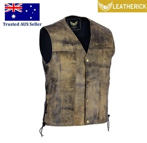 Men Vintage Motorcycle Leather Waistcoat Distressed Brown Biker Leather Vest AUS - Picture 1 of 12