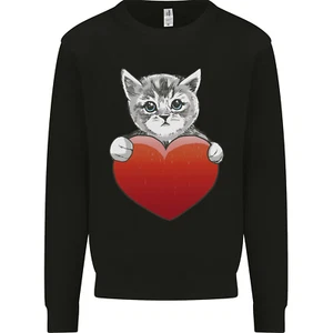 a Cute Cat With a Heart Love Valentines Day Kids Sweatshirt Jumper - Picture 1 of 97