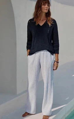 J. Jill Crinkle Cotton Gauze Wide Leg Pants M Petite Pull-On Striped White Beach - Image 1 of 4