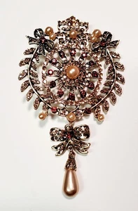 Large 4" Bows and Vines Dangle Brooch Retro Baroque Rhinestone Bead Pin Browns - Picture 1 of 8