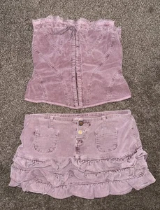 VTG Betsey Johnson Dusty Rose Corduroy Corset Top + Mini Ruffle Skirt ππ - Picture 1 of 15