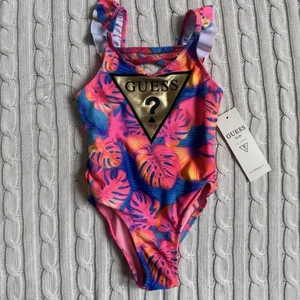 NEW Guess Girls 4T Swimsuit Bathing Suit Tropical Beach Palm Trees Neon 90s Vibe - Picture 1 of 8