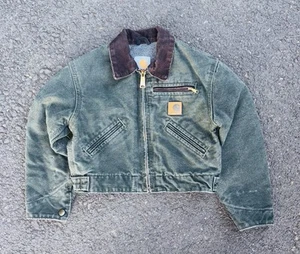 VTG CARHARTT DETROIT YYJ97 MOS CANVAS JACKET FLEECE LINED MOSS GREEN KIDS XS 4/5 - Picture 1 of 8