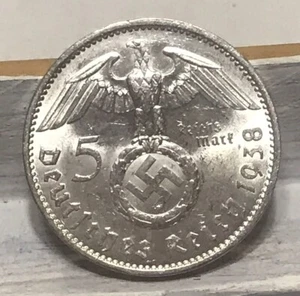 1938 A 5 Mark German WW2 Silver Coin Third Reich High Grade w/Luster Free Ship A - Picture 1 of 2